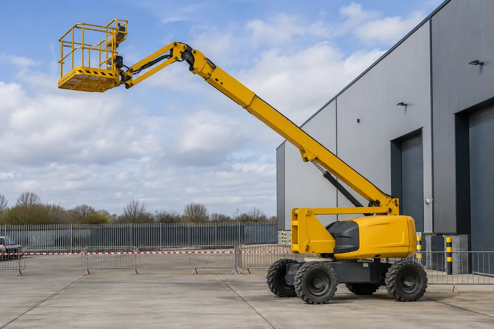 Telescopic boom lift in a segregated yard outside a commercial building