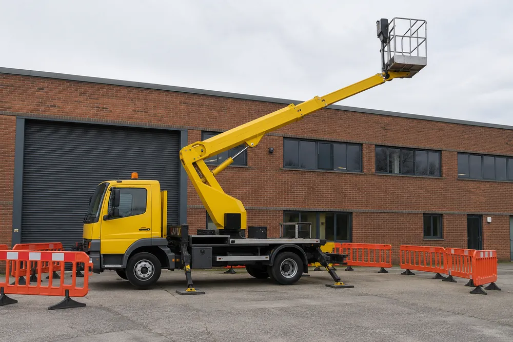 Vehicle-mounted cherry picker on stabilisers outside a commercial brick warehouse