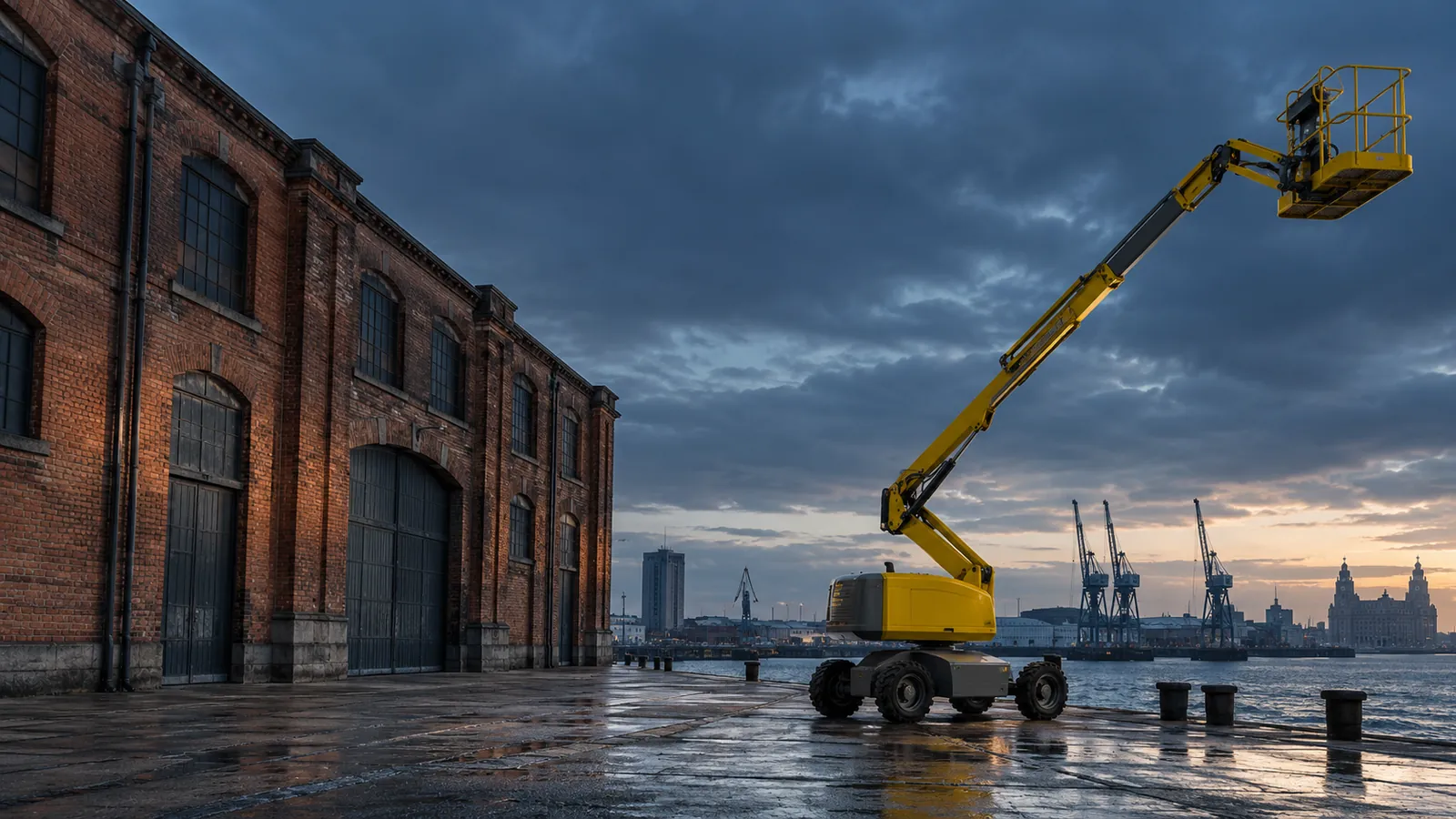 Yellow articulated access platform beside a brick warehouse on a Liverpool dockside