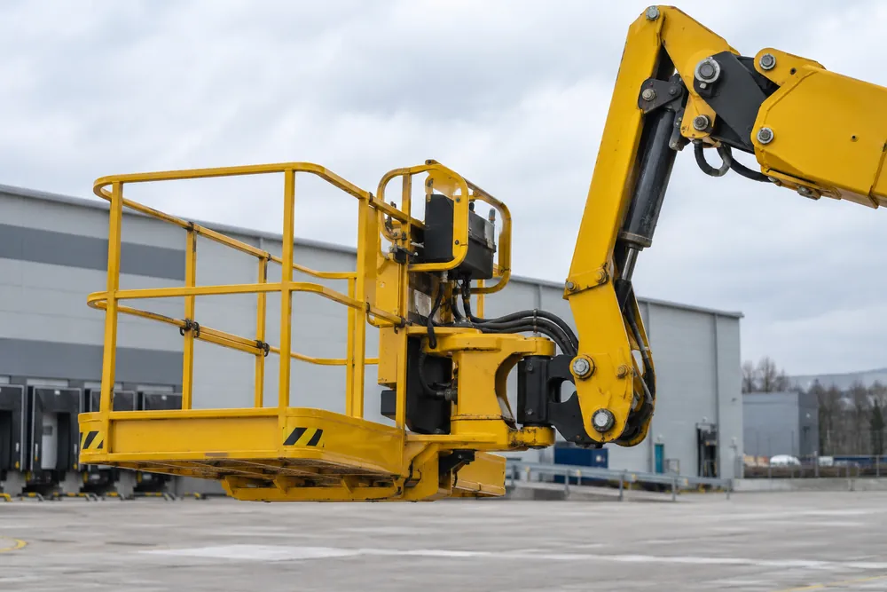 Guarded access-platform basket and hydraulic boom details at a commercial yard